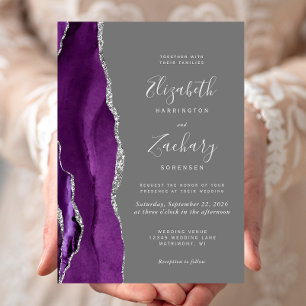 Invitación Boda Gris Agata Plateado Morado Moderno