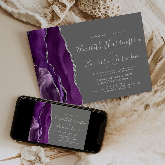 Invitación Boda Gris Agata Plateado Morado Moderno (Subido por el creador)