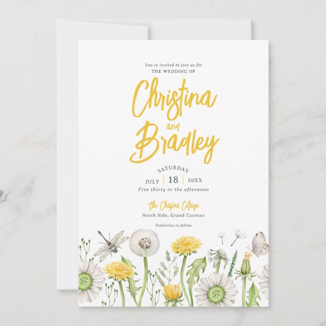 Invitación Boda gris amarillo del jardín de flores silvestres (Anverso)