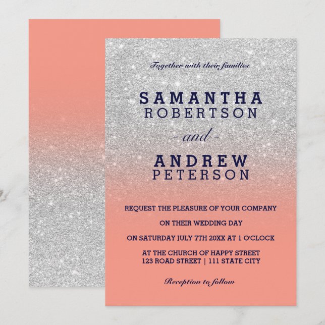 Invitación Boda gris azul marino de imitación purpurina de pl (Anverso / Reverso)