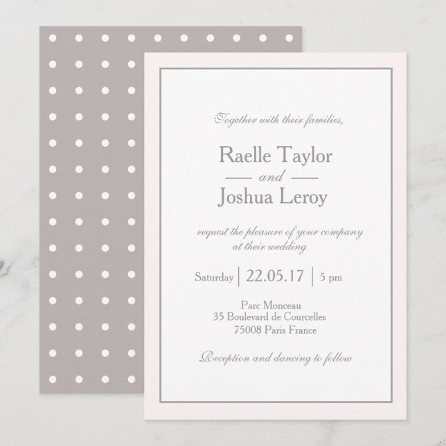 Invitación Boda gris blanco rosado minimalista clásico (Anverso / Reverso)