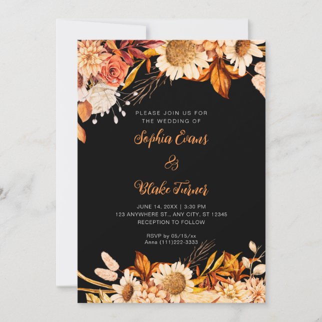 Invitación Boda Gris Boho Flores Naranjas Blancas Rústicas (Anverso)