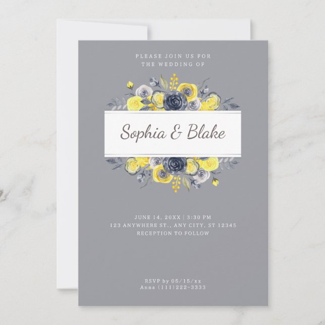 Invitación Boda gris claro de marco floral amarillo y azul (Anverso)