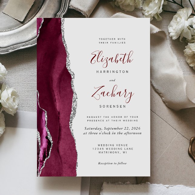 Invitación Boda gris claro moderno de plata borgoñona (Subido por el creador)