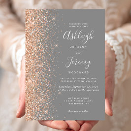 Invitación Boda Gris con Borde de Brillo de Melocotón Moderno