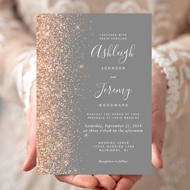 Invitación Boda Gris con Borde de Brillo de Melocotón Moderno (Subido por el creador)