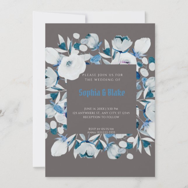 Invitación Boda gris con marco floral azul y blanco moderno (Anverso)