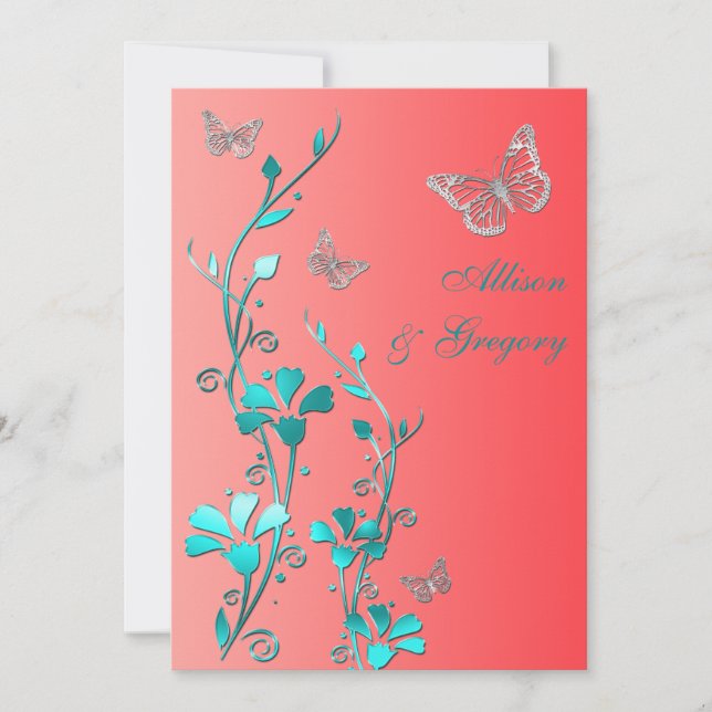 Invitación Boda| Gris de Coral Aqua| Floral| Mariposas (Anverso)