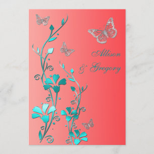 Invitación Boda  Gris de Coral Aqua  Floral  Mariposas