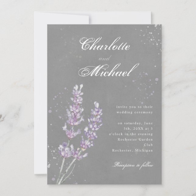 Invitación Boda gris de lavanda de color de agua (Anverso)