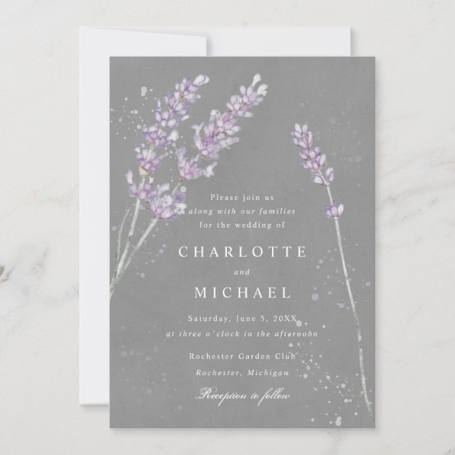 Invitación Boda gris de lavanda de color de agua (Anverso)