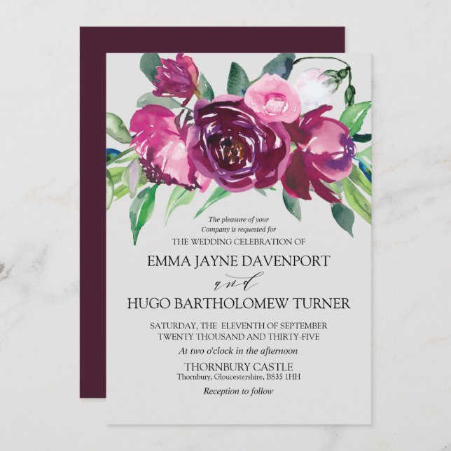 Invitación Boda gris de paloma floral rosa y magenta (Anverso / Reverso)