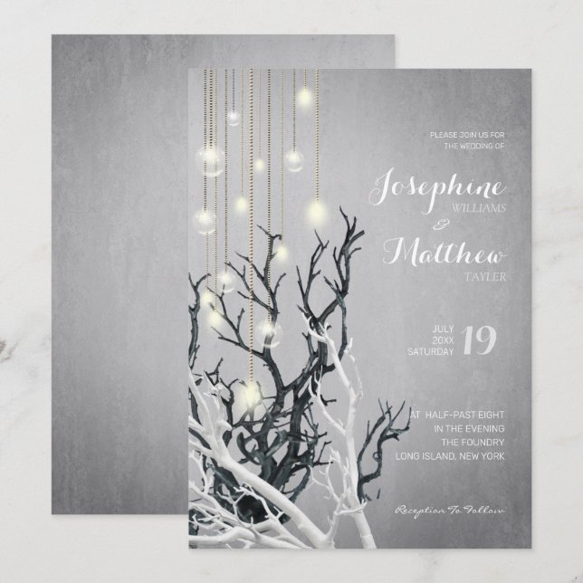 Invitación Boda gris de rama blanca de cadena de luz cristal (Anverso / Reverso)