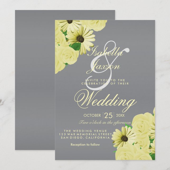 Invitación Boda gris de satén y boda de amarillo pastel (Anverso / Reverso)