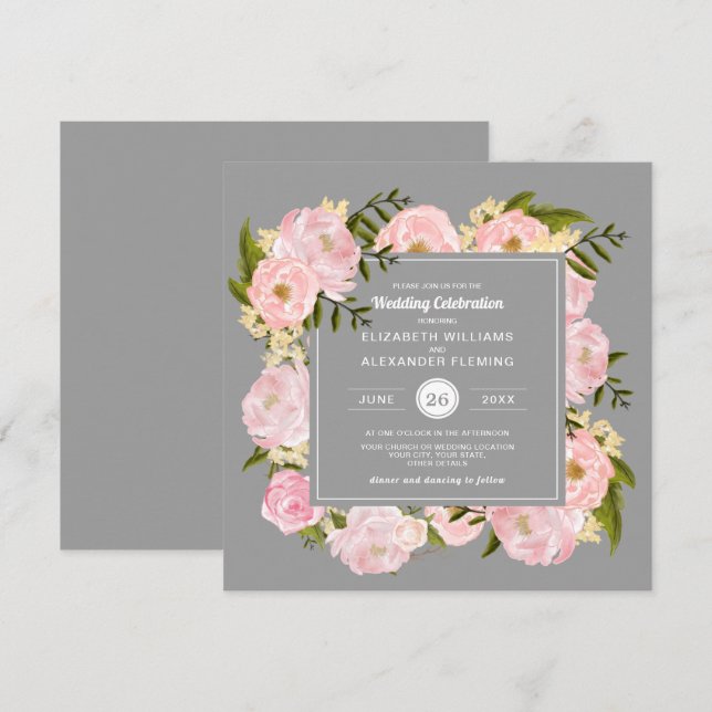 Invitación Boda gris de tonos de agua rosados de Rubor Peonie (Anverso / Reverso)