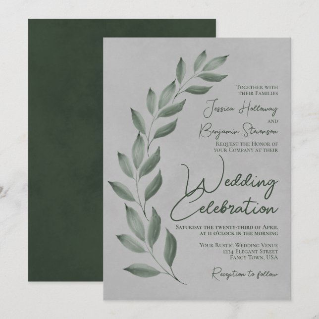 Invitación Boda gris deja verde al estilo de escritura modern (Anverso / Reverso)