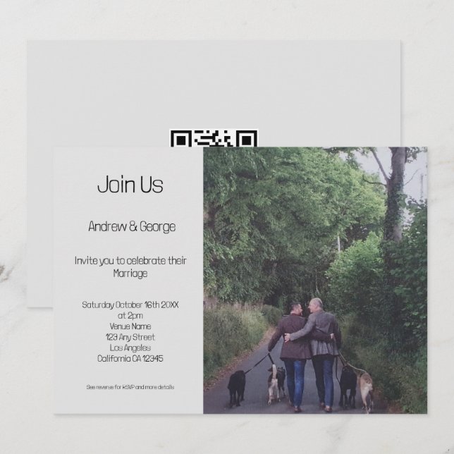 Invitación Boda gris del código QR para LGBGQ gay minimalista (Anverso / Reverso)