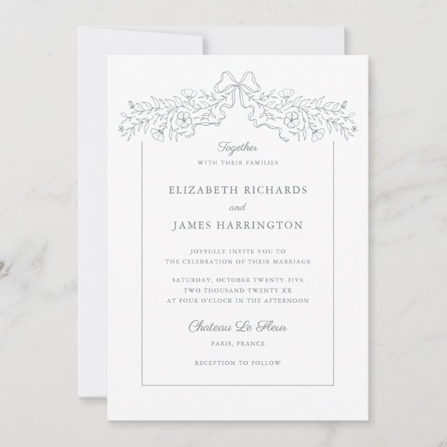 Invitación Boda gris del marco del paro floral dibujado a man (Anverso)