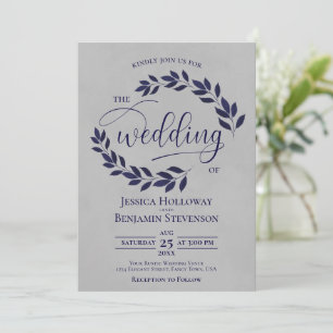 Invitación Boda Gris elegante con hojas azules de la marina r