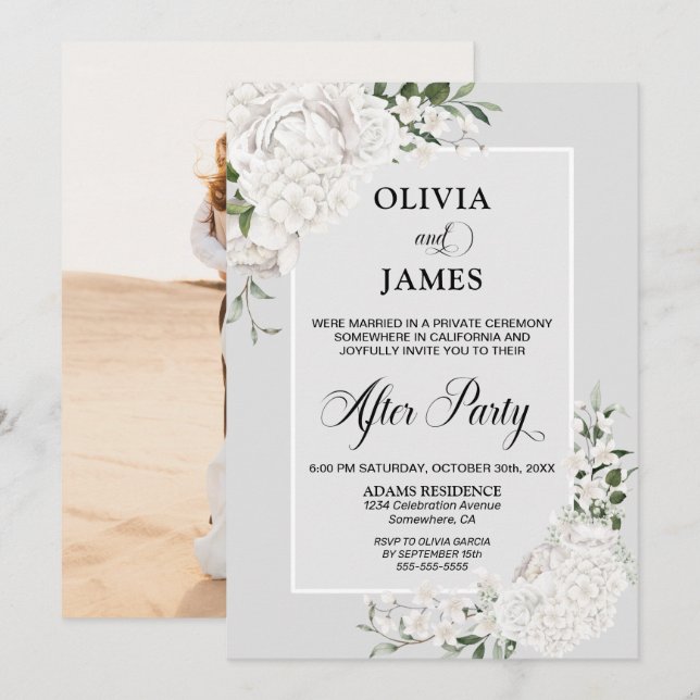 Invitación Boda Gris Floral Blanco Después Del Fiesta (Anverso / Reverso)