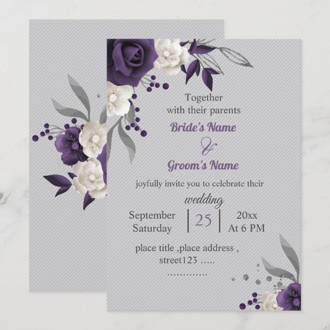 Invitación Boda gris floral morado y turbio (Anverso / Reverso)