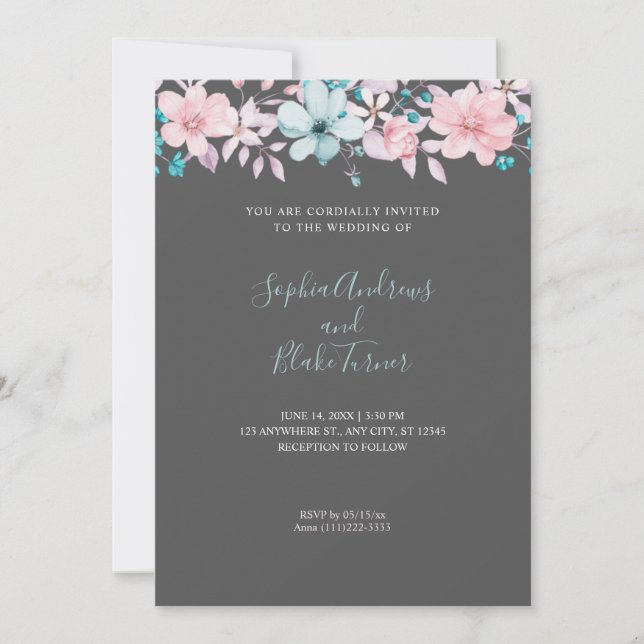 Invitación Boda gris floral rosa y azul de bonito (Anverso)