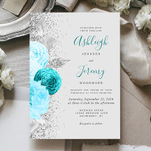 Boda Gris Floral Turquesa Plateado Brillante