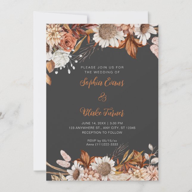 Invitación Boda Gris Flores Blancas Marrón Rústico Boho (Anverso)