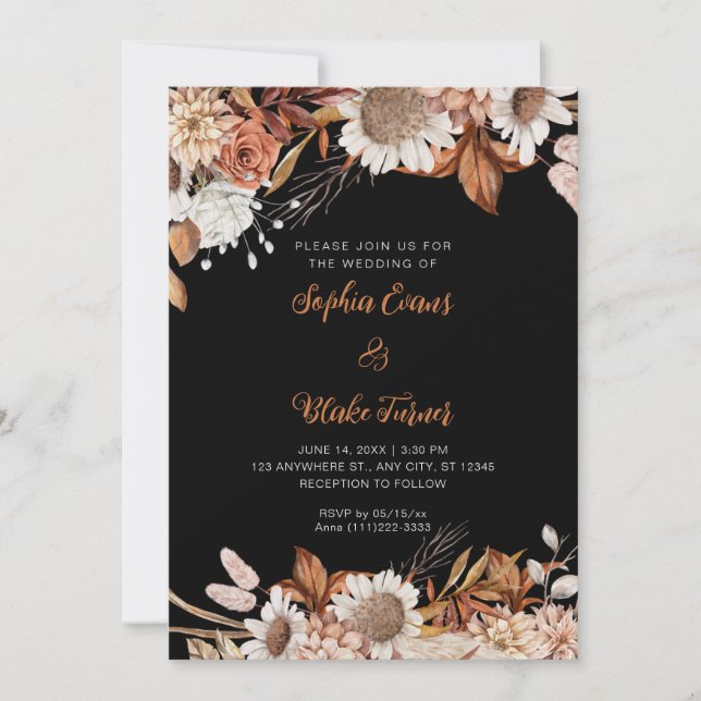 Invitación Boda Gris Flores Blancas Marrón Rústico Boho (Anverso)