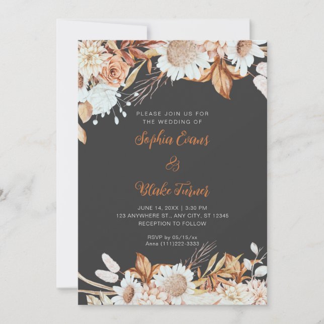 Invitación Boda Gris Flores Blancas Marrón Rústico Boho (Anverso)