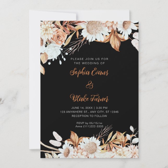 Invitación Boda Gris Flores Blancas Marrón Rústico Boho (Anverso)
