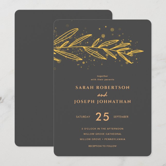 Invitación Boda Gris Foliage Botánico Luxury Gold (Anverso / Reverso)