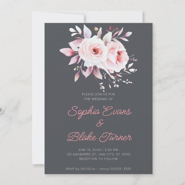 Invitación Boda Gris Gris Gris de rosas romanticas modernas (Anverso)