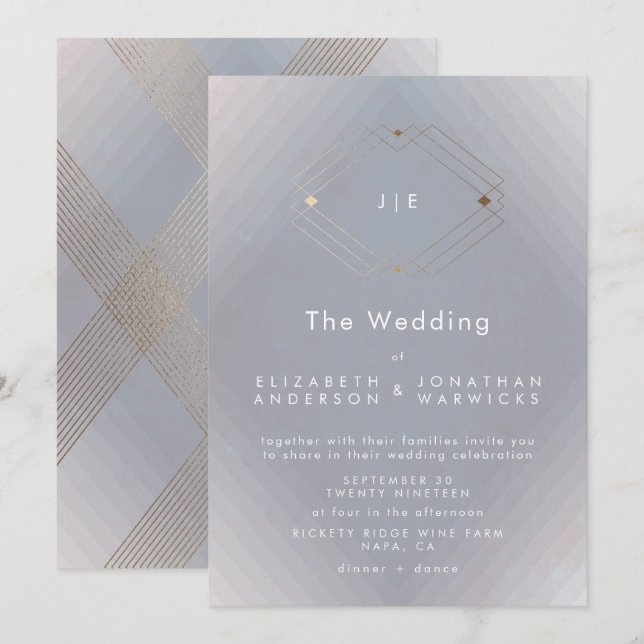 Invitación Boda Gris Gris Moderno Geométrico Gold (Anverso / Reverso)