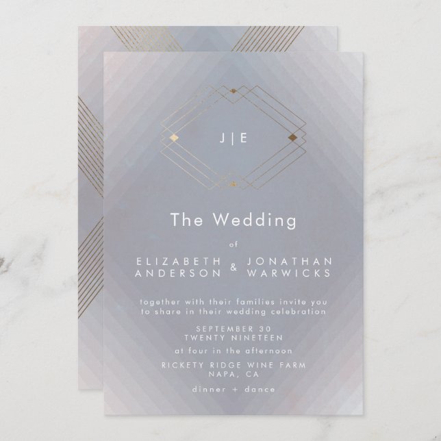 Invitación Boda Gris Gris Moderno Geométrico Gold (Anverso / Reverso)