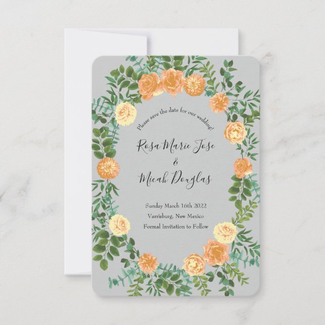 Invitación Boda Gris Melocotón Primavera Floral (Anverso)