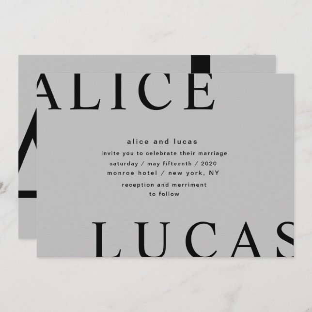 Invitación Boda gris monograma de diseño ultramoderno (Anverso / Reverso)