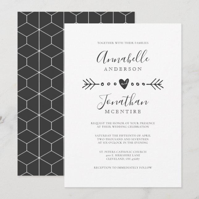 Invitación Boda gris oscuro de flecha y corazón geométrico si (Anverso / Reverso)