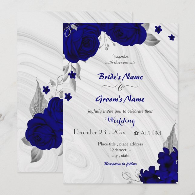Invitación boda gris plateado de flores azules reales (Anverso / Reverso)