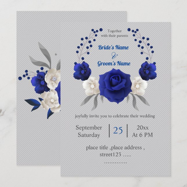 Invitación boda gris plateado de flores blancas azules reales (Anverso / Reverso)