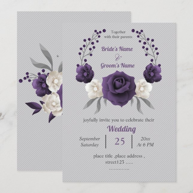 Invitación Boda gris plateado de flores moradas y doradas (Anverso / Reverso)