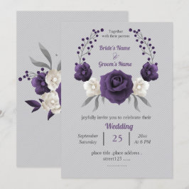 Invitación Boda gris plateado de flores moradas y doradas