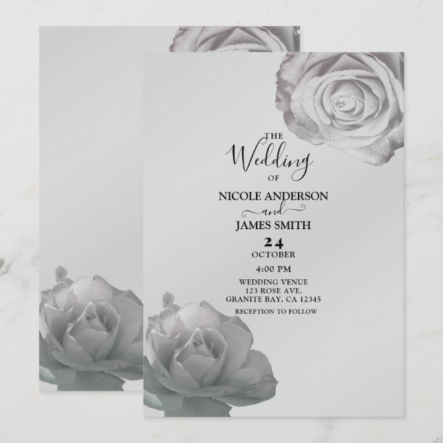 Invitación Boda gris plateado floral elegante de rosas blanca (Anverso / Reverso)