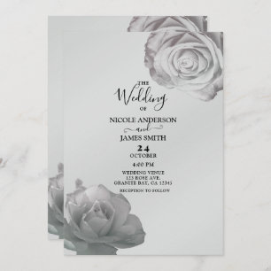 Invitación Boda gris plateado floral elegante de rosas blanca