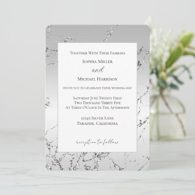 Invitación Boda Gris Plateado Glitzy Falso Brillo (Anverso de pie)
