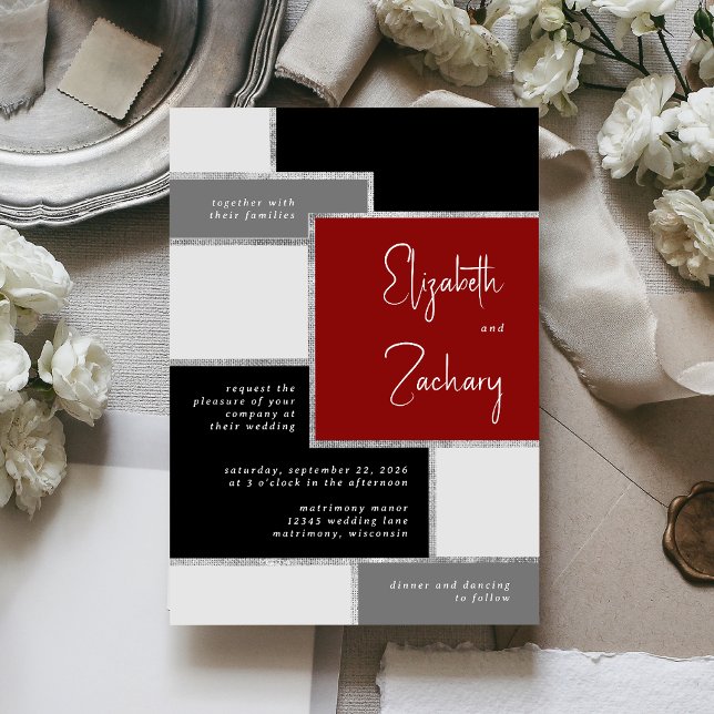 Invitación Boda Gris Plateado Rojo Negro Moderno (A unique choice for a wedding with a black, white, red and silver palette.)