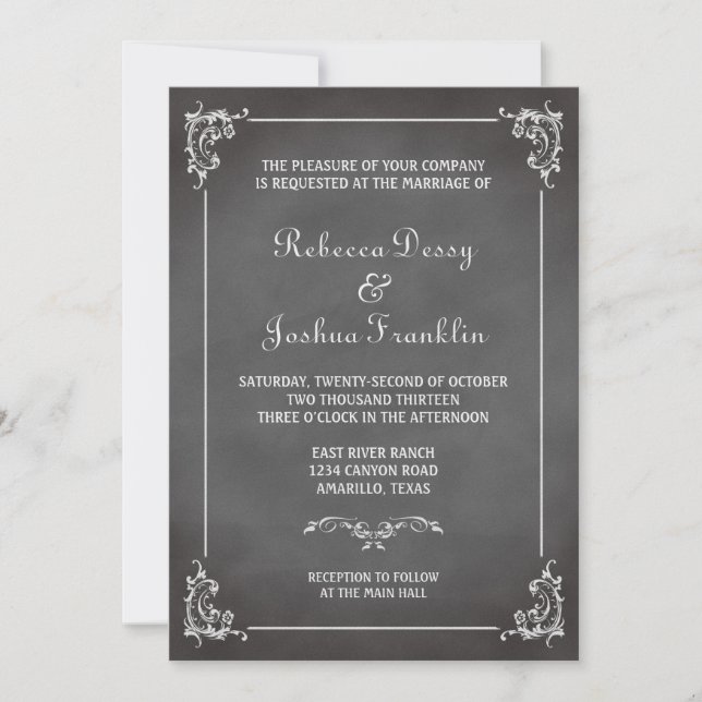 Invitación Boda gris romántico de la voluta de la pizarra del (Anverso)