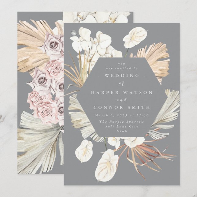 Invitación Boda Gris Tropical Floral Ultima Pampas (Anverso / Reverso)