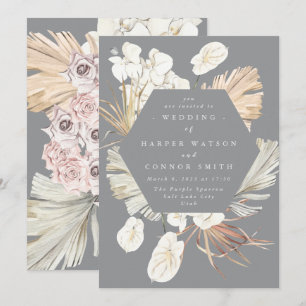 Invitación Boda Gris Tropical Floral Ultima Pampas