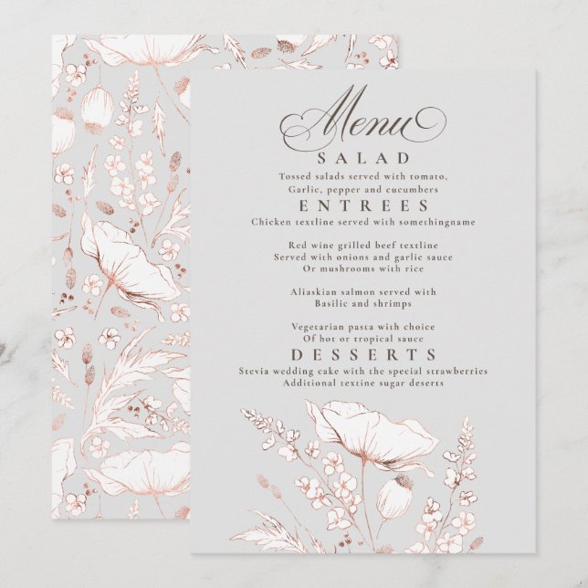 Invitación Boda gris y blanco con flores silvestres rosadas (Anverso / Reverso)